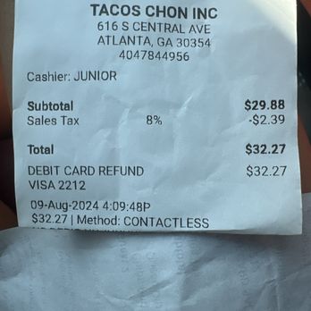 Taqueria Don Chon - Refund Receipt - Tacos Near Me - Atlanta, Georgia Taqueria Don Chon - Refund Receipt - Tacos Near Me - Atlanta, Georgia