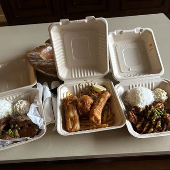 Joey's Kitchen Napili - Shoyu chicken (left) fish and chips (center) garlic chicken (right) - Filipino Near Me - Lahaina, Hawaii Joey's Kitchen Napili - Shoyu chicken (left) fish and chips (center) garlic chicken (right) - Filipino Near Me - Lahaina, Hawaii