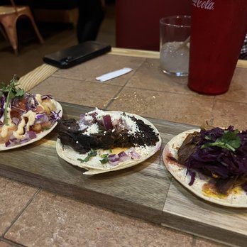 Chela's Miami - 3 Tacos Deal: left garlic shrimp, middle: short rib, right: cochinito - Mexican Near Me - Miami Lakes, Florida