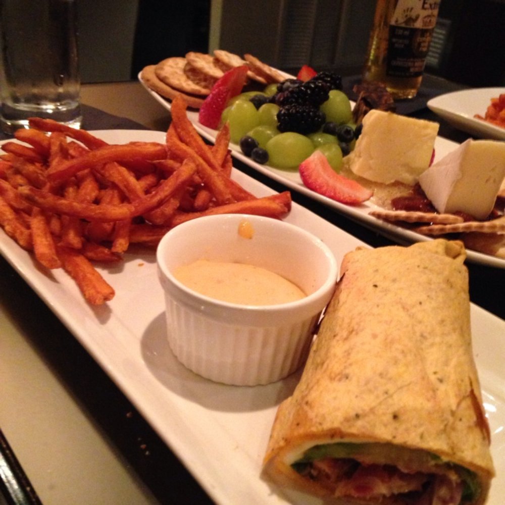 Portico Restaurant & Lounge - Torn Bbq chicken wrap with sweet potato fries - Canadian (New) Near Me - Toronto, Ontario Portico Restaurant & Lounge - Torn Bbq chicken wrap with sweet potato fries - Canadian (New) Near Me - Toronto, Ontario