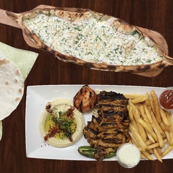 Koftegi - Cheese and Egg Boat and Garlic Chicken with hummus, fries, and naan bread - Mediterranean Near Me - Anaheim, California