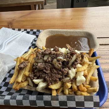 L'Authentique Poutine and Burgers - Burger poutine with gravy on the side, regular was plenty for us to split with the burger. - Burgers Near Me - Victoria, British Columbia L'Authentique Poutine and Burgers - Burger poutine with gravy on the side, regular was plenty for us to split with the burger. - Burgers Near Me - Victoria, British Columbia