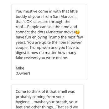 Original Yogurt Shack - Nasty response from the owner regarding my review he dm' me since he doesn't have the balls to post his bigotry publicly - Ice Cream & Frozen Yogurt Near Me - Carlsbad, California Original Yogurt Shack - Nasty response from the owner regarding my review he dm' me since he doesn't have the balls to post his bigotry publicly - Ice Cream & Frozen Yogurt Near Me - Carlsbad, California