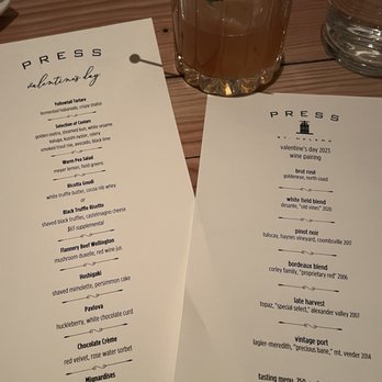 PRESS - Valentine's Day menu - Bars Near Me - St. Helena, California