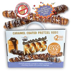 Van Wyk Confections - $2 caramel coated and chocolate drizzled pretzel rods.