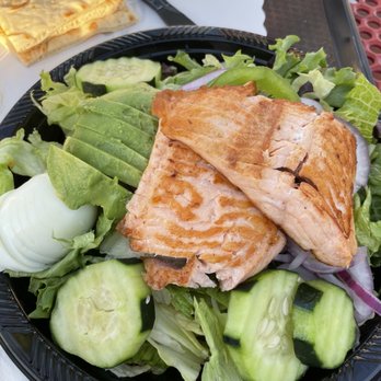 Legends Classic Diner - Salmon Salad (an off-menu item) with added avocado & no cheese. Pita bread in the background comes with it. - American Near Me - Glendora, California