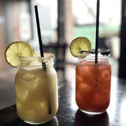 Gordo's Tacos & Tequila - Pineapple Coconut w sugar rim and Strawberry w/ salt rim Margaritas
