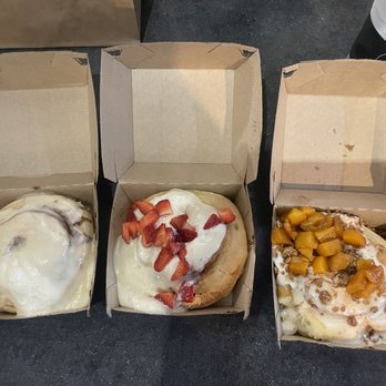 Cinnaholic - ORIG CINNABUN + STRAWBERRY CINNABUN + PEACH COBBLER. - Desserts Near Me - Atlanta, Georgia Cinnaholic - ORIG CINNABUN + STRAWBERRY CINNABUN + PEACH COBBLER. - Desserts Near Me - Atlanta, Georgia