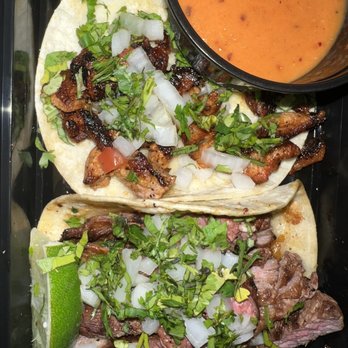 Sazón - Carne Asada Street Taco and Pastor Street Taco with Red Salsa on side - Mexican Near Me - Lone Tree, Colorado
