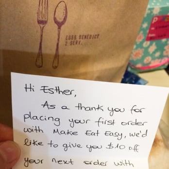 Make Eat Easy - I can't believe this. They HANDWROTE a thank you card for me...plus $10 off my next order?! - Food Delivery Services Near Me - San Francisco, California Make Eat Easy - I can't believe this. They HANDWROTE a thank you card for me...plus $10 off my next order?! - Food Delivery Services Near Me - San Francisco, California