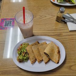 V Chicken, mushroom, and cheese quesadilla. Horchata