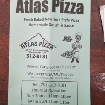 Atlas Pizza - Menu with phone number and hours - Pizza Near Me - Chesapeake, Virginia
