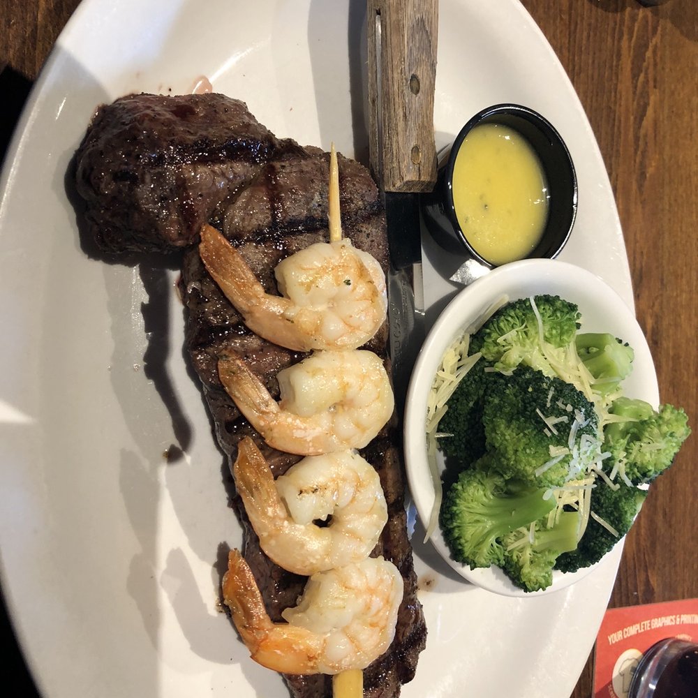 No 9 Grill - 12 ounce NY Strip, shrimp skewer and broccoli - American Near Me - Cambridge City, Indiana No 9 Grill - 12 ounce NY Strip, shrimp skewer and broccoli - American Near Me - Cambridge City, Indiana