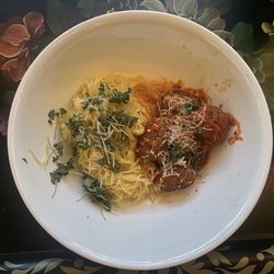 Everything Green Organics - Spaghetti squash, a little marinara and yummy basil sprouts