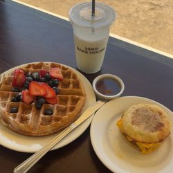Belgian Waffle w/ Berries, Breakfast Sandwich, & Owner's Son's Matcha Latte