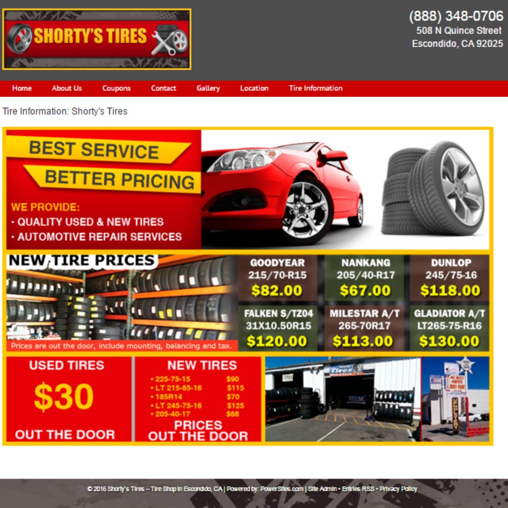 Shorty's Tires - Website as of 3/5/16 says $30 OUT THE DOOR but shop wants $40. - Tires Near Me - Escondido, California Shorty's Tires - Website as of 3/5/16 says $30 OUT THE DOOR but shop wants $40. - Tires Near Me - Escondido, California