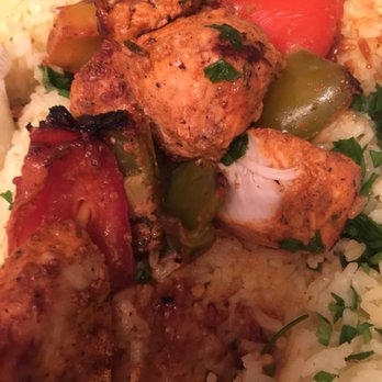Nicholas Restaurant - Gresham - Chicken breast kabobs with roasted onions, peppers and saffron rice - Mediterranean Near Me - Gresham, Oregon Nicholas Restaurant - Gresham - Chicken breast kabobs with roasted onions, peppers and saffron rice - Mediterranean Near Me - Gresham, Oregon