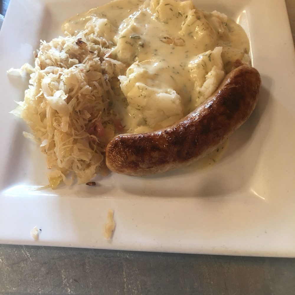 Das Cafe - Bratwurst and sauerkraut. Which came with mashed potatoes and dill gravy. - Cafes Near Me - Spring City, Utah Das Cafe - Bratwurst and sauerkraut. Which came with mashed potatoes and dill gravy. - Cafes Near Me - Spring City, Utah