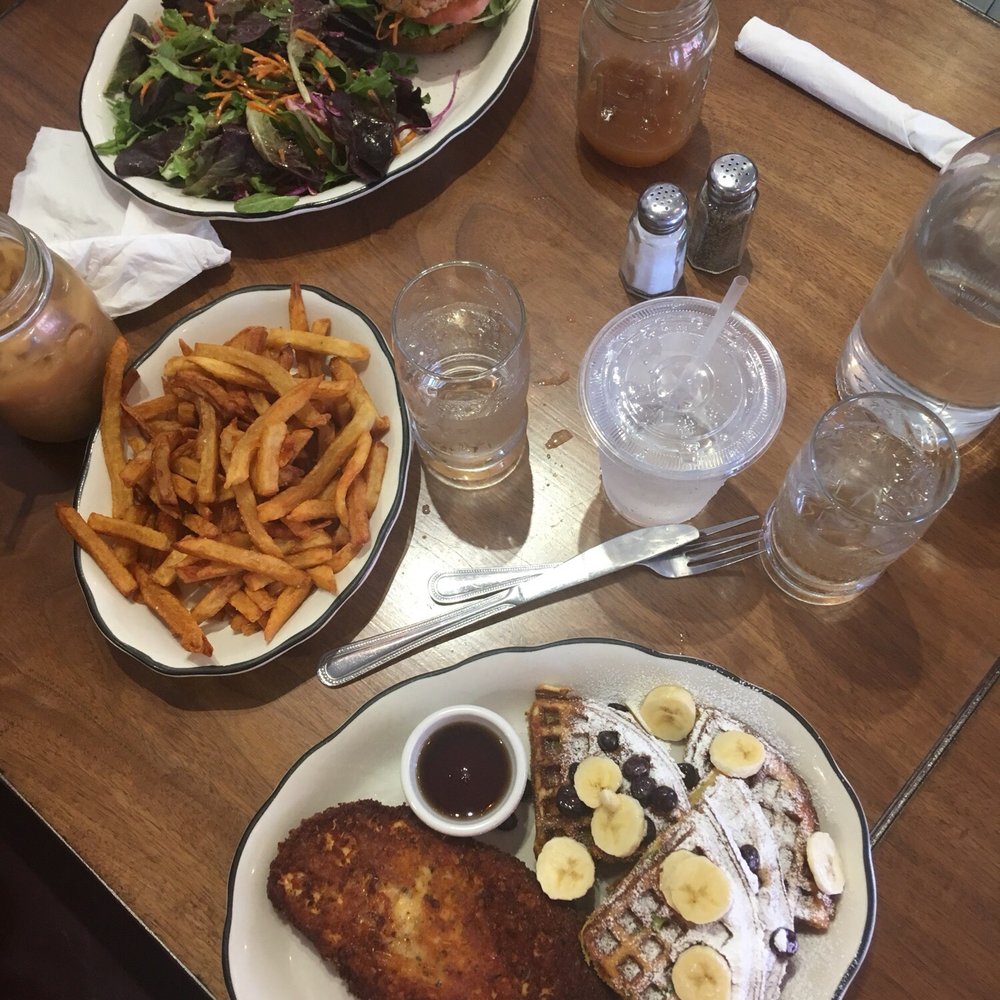 Zaca Cafe - Salmon burger with pickled ginger and a side salad. Mustard fried chicken and corn bread waffles - Coffee & Tea Near Me - Brooklyn, New York Zaca Cafe - Salmon burger with pickled ginger and a side salad. Mustard fried chicken and corn bread waffles - Coffee & Tea Near Me - Brooklyn, New York