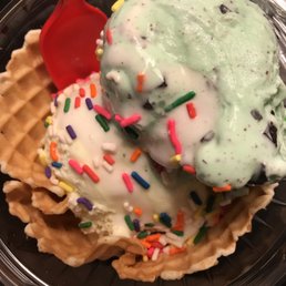 Two scoop waffle bowl with cake batter and mint chocolate chip and sprinkles Two scoop waffle bowl with cake batter and mint chocolate chip and sprinkles