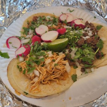 Tacos Tecalitlan - Chicken (left), Pork (top), Beef (right).  Chicken and beef were excellent. Pork was great. - Food Trucks Near Me - Burlington, Washington