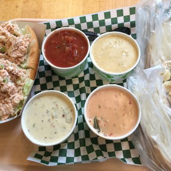 Pike Place Chowder - Skip the roll. Skip the New England (so good but very basic). Crab and clam top right (get). Seafood bisque bottom right (MUST). Around 34$ - Seafood Near Me - Seattle, Washington