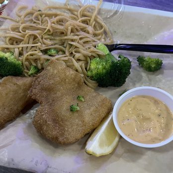Shaking Crab - Fried Catfish, Garlic Noodles, broccoli - Seafood Near Me - New York, New York Shaking Crab - Fried Catfish, Garlic Noodles, broccoli - Seafood Near Me - New York, New York