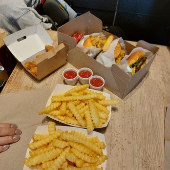 Shake Shack Morningside Heights - Clockwise: K-Shack BBQ Burgers, Fries and Chicken Bites - Burgers Near Me - New York, New York Shake Shack Morningside Heights - Clockwise: K-Shack BBQ Burgers, Fries and Chicken Bites - Burgers Near Me - New York, New York