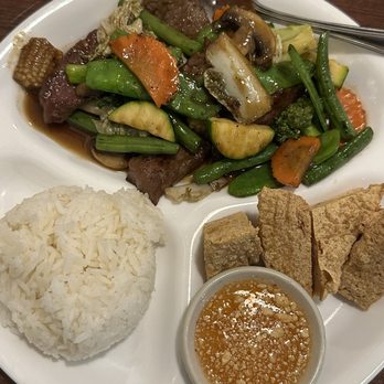 Beyond Thai - Mixed Vegetables Entree with beef and fried Tofu appetizer lunch special - Thai Near Me - Skokie, Illinois