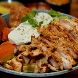 Greek salad with chicken added. Oh that feta is Devine.