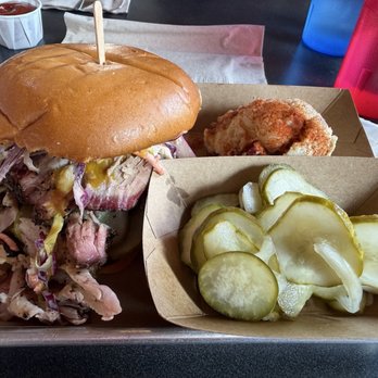 Heads And Tails Barbecue - Pulled Pork Sando with side of Potato Salad and EXTRA pickles - Barbeque Near Me - Berkeley, California