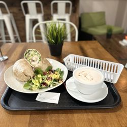 Green Vida - Chai Latte- Masala Chai Hot, Hummus Veggie Wrap - with grilled chicken, and sweet green salad as my side, delicious!