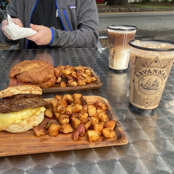 Savannah Coffee Roasters - Liberty street on croissant and the egglethorpe with potatoes (the biscuit was so moist and delicious and the eggs were perfect and fluffy!) - Coffee & Tea Near Me - Savannah, Georgia