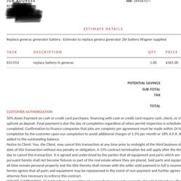 Quote for the battery. There's a separate invoice to have them install the battery.