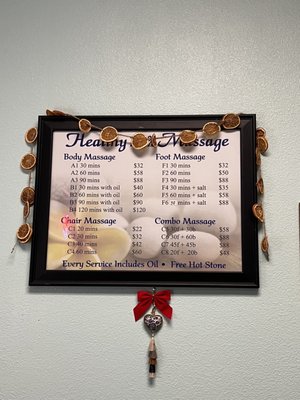 Updated Menu (Detailed Prices Inside) - 💆♀️ Body Massage
A1 30 mins – $32
A2 60 mins – $58
A3 90 mins – $88
B1 30 mins with oil – $40 🪔
B2 60 mins with oil – $60 🪔
B3 90 mins with oil – $90 🪔
B4 120 mins with oil – $120 🪔
🦶 Foot Massage
F1 30 mins – $32
F2 60 mins – $50
F3 90 mins – $88
F4 30 mins + salt – $35 🧂
F5 60 mins + salt – $58 🧂
F6 90 mins + salt – $88 🧂
🪑 Chair Massage
C1 20 mins – $22
C2 30 mins – $32
C3 40 mins – $45
C4 60 mins – $60
🌿 Combo Massage
C5 30f + 30b – $58
C6 30f + 60b – $88
C7 45f + 45b – $88
C8 20f + 20b – $48
Call us today to book your favorite combo! Updated Menu (Detailed Prices Inside) - 💆♀️ Body Massage
A1 30 mins – $32
A2 60 mins – $58
A3 90 mins – $88
B1 30 mins with oil – $40 🪔
B2 60 mins with oil – $60 🪔
B3 90 mins with oil – $90 🪔
B4 120 mins with oil – $120 🪔
🦶 Foot Massage
F1 30 mins – $32
F2 60 mins – $50
F3 90 mins – $88
F4 30 mins + salt – $35 🧂
F5 60 mins + salt – $58 🧂
F6 90 mins + salt – $88 🧂
🪑 Chair Massage
C1 20 mins – $22
C2 30 mins – $32
C3 40 mins – $45
C4 60 mins – $60
🌿 Combo Massage
C5 30f + 30b – $58
C6 30f + 60b – $88
C7 45f + 45b – $88
C8 20f + 20b – $48
Call us today to book your favorite combo!