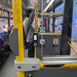 Presto! card - Presto card and barcode scanner. There's one next to the driver. If you are boarding from the back doors, you need to scan here.