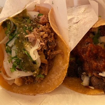 Tacos Los Gordos - Carnitas taco on the left. Carne asada taco on the right - Tacos Near Me - New Haven, Connecticut