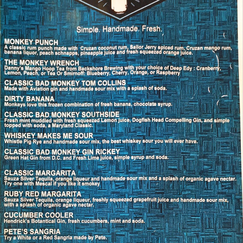 Bad Monkey - Bar menu - Burgers Near Me - Ocean City, Maryland