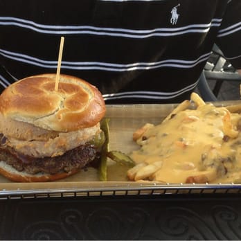 Hops Burger Bar - Pickleback burger with chili cheese fries 7/11/14 - Burgers Near Me - Greensboro, North Carolina Hops Burger Bar - Pickleback burger with chili cheese fries 7/11/14 - Burgers Near Me - Greensboro, North Carolina