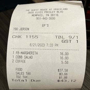 EP’s Bar & Grill - Check for dinner including sales and TDZ taxes. FYI TDZ is the Memphis way to pick the pockets of tourists. - Southern Near Me - Memphis, Tennessee EP’s Bar & Grill - Check for dinner including sales and TDZ taxes. FYI TDZ is the Memphis way to pick the pockets of tourists. - Southern Near Me - Memphis, Tennessee