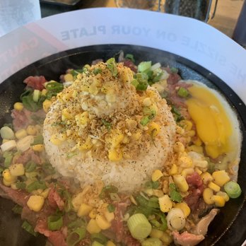 Sizzling Lunch - Garlic Pepper Beef Rice with Egg (Before Mixing) - Steakhouses Near Me - Cupertino, California Sizzling Lunch - Garlic Pepper Beef Rice with Egg (Before Mixing) - Steakhouses Near Me - Cupertino, California