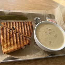 Turkey Gouda panini and bowl do clam chowder