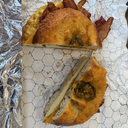 Three Ducks Bagel & Bread - The big piggy on jalapeño cheddar bagel