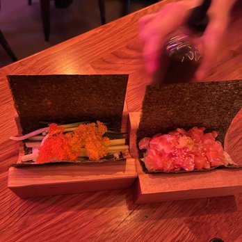 Yonsei Handrolls - Cucumber, tobiko (left) salmon (right) - Japanese Near Me - Oakland, California Yonsei Handrolls - Cucumber, tobiko (left) salmon (right) - Japanese Near Me - Oakland, California