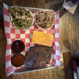 2 Meats ( Baby back ribs 1/3 | pulled pork ) Sides Bacon, green beans Jalapeño cornbread 2 Meats ( Baby back ribs 1/3 | pulled pork ) Sides Bacon, green beans Jalapeño cornbread