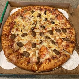 Large, thick crust, half mushroom and pineapple, half sausage and chicken
