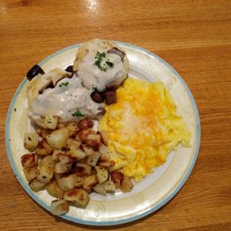 Just Bubba - biscuit and gravy with cheddar scrambled eggs and roasted potatoes