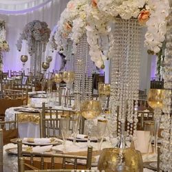 Rendezvous Events - Crystal Chandeliers with flower arrangement