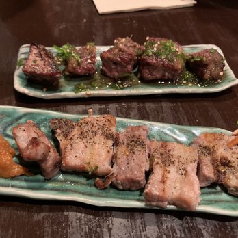 Kiraku - pork belly skewer with miso paste (front) and beef sirloin skewer (back) [we had already taken it off the skewer] - Tapas/Small Plates Near Me - Berkeley, California