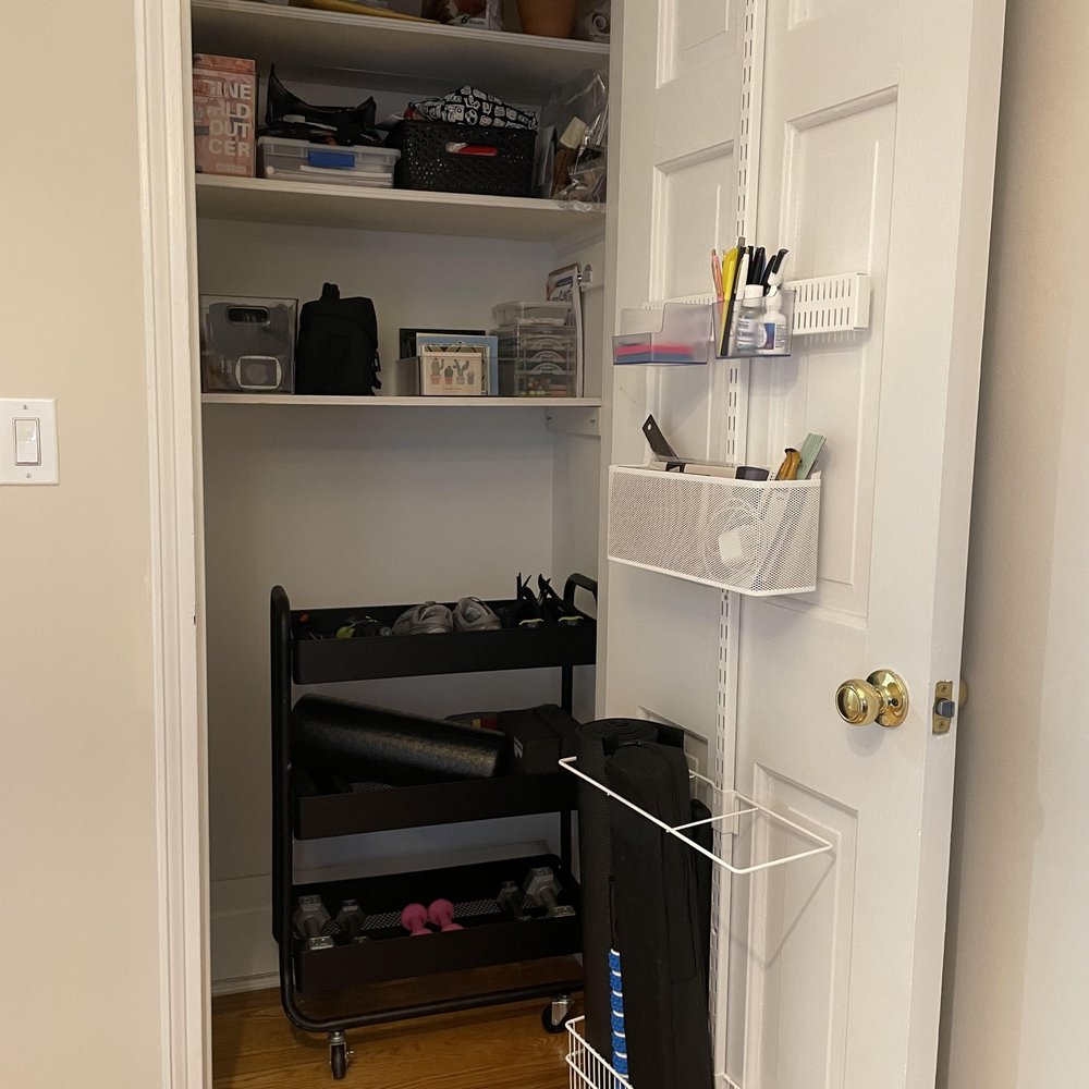 MS Organized - I absolutely love this over-the-door rack that Maria recommended and, of course, my workout cart! These shelves are still a work in progress - Home Organization Near Me MS Organized - I absolutely love this over-the-door rack that Maria recommended and, of course, my workout cart! These shelves are still a work in progress - Home Organization Near Me